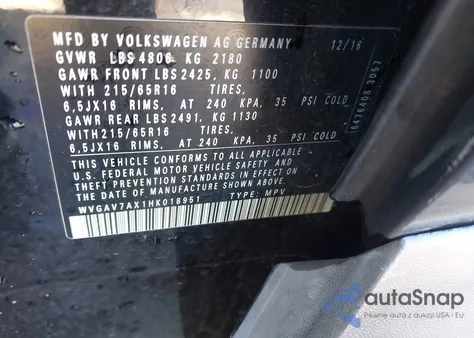 2017 Volkswagen Tiguan 2.0T/2.0T S из США, поврежденный, VIN WVGAV7AX1HK018951